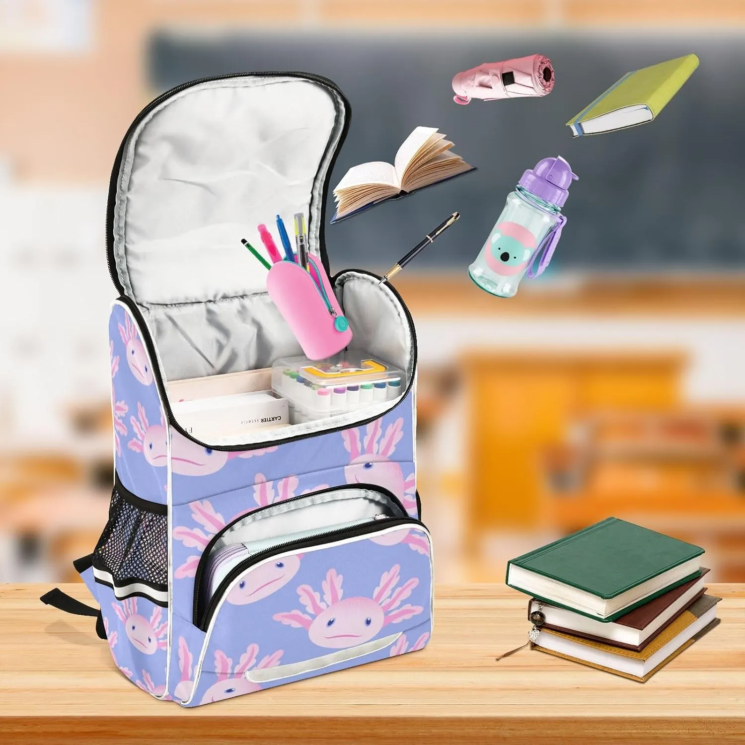 Backpack Cute Axolotl Salamander School Backpack Travel Hiking Large Capacity Causal Daypack Bookbag Laptop Schoolbag with Reflective Tape for Boys Girls Adults