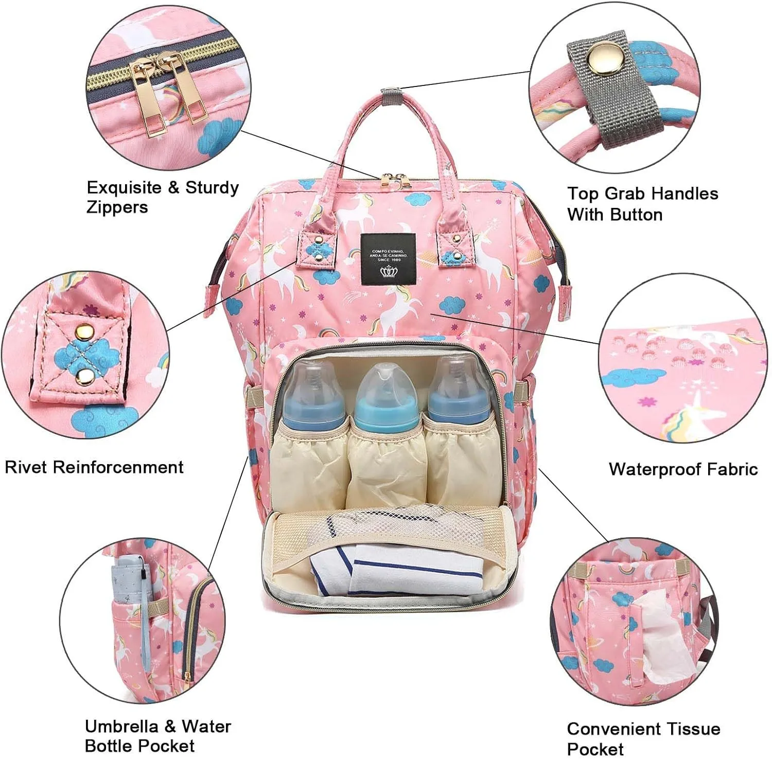 Backpack Diaper Bag with Changing Station, Multi function Boys Girls Baby Backpack for Mom Dad, Unisex Travel Essentials Tote, Waterproof Wet Dry Bags, Baby Nursing Organizer Pouches, Pink