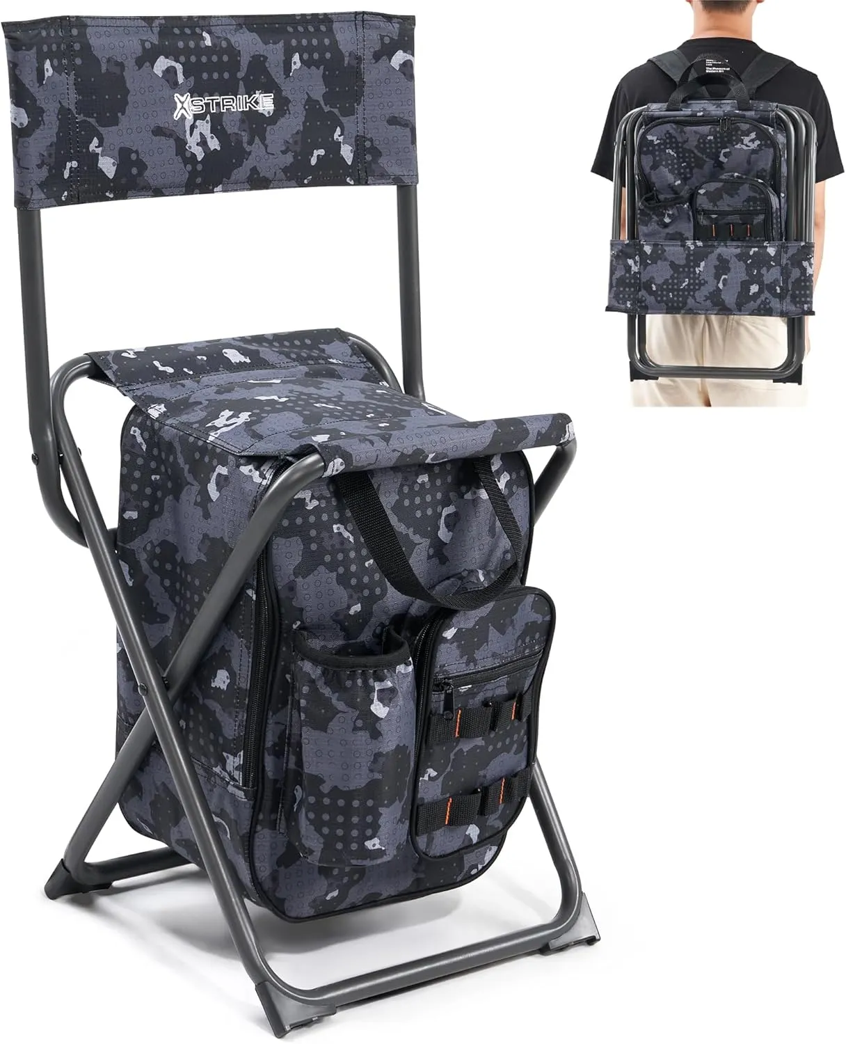 Backpack Fishing Chair with Cooler Bag and Backrest, Folding Camping Stool for Adults up to 225 lbs, Portable Lightweight for Hunting, Hiking, Outdoors