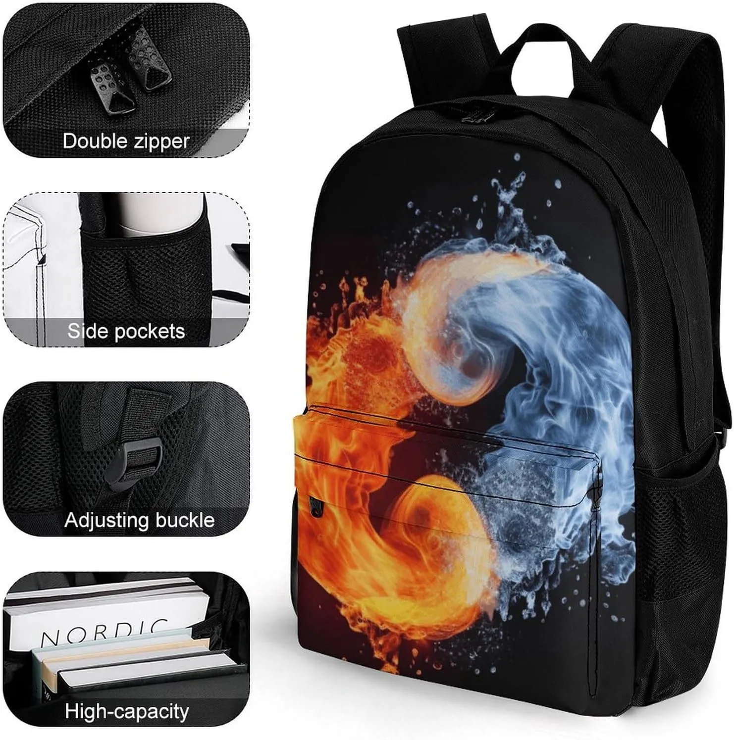 Backpack for Men Women Laptop Backpack Yin Yang Fire Water Casual Daypack Laptop Bag for Travel, 42x30.5cm