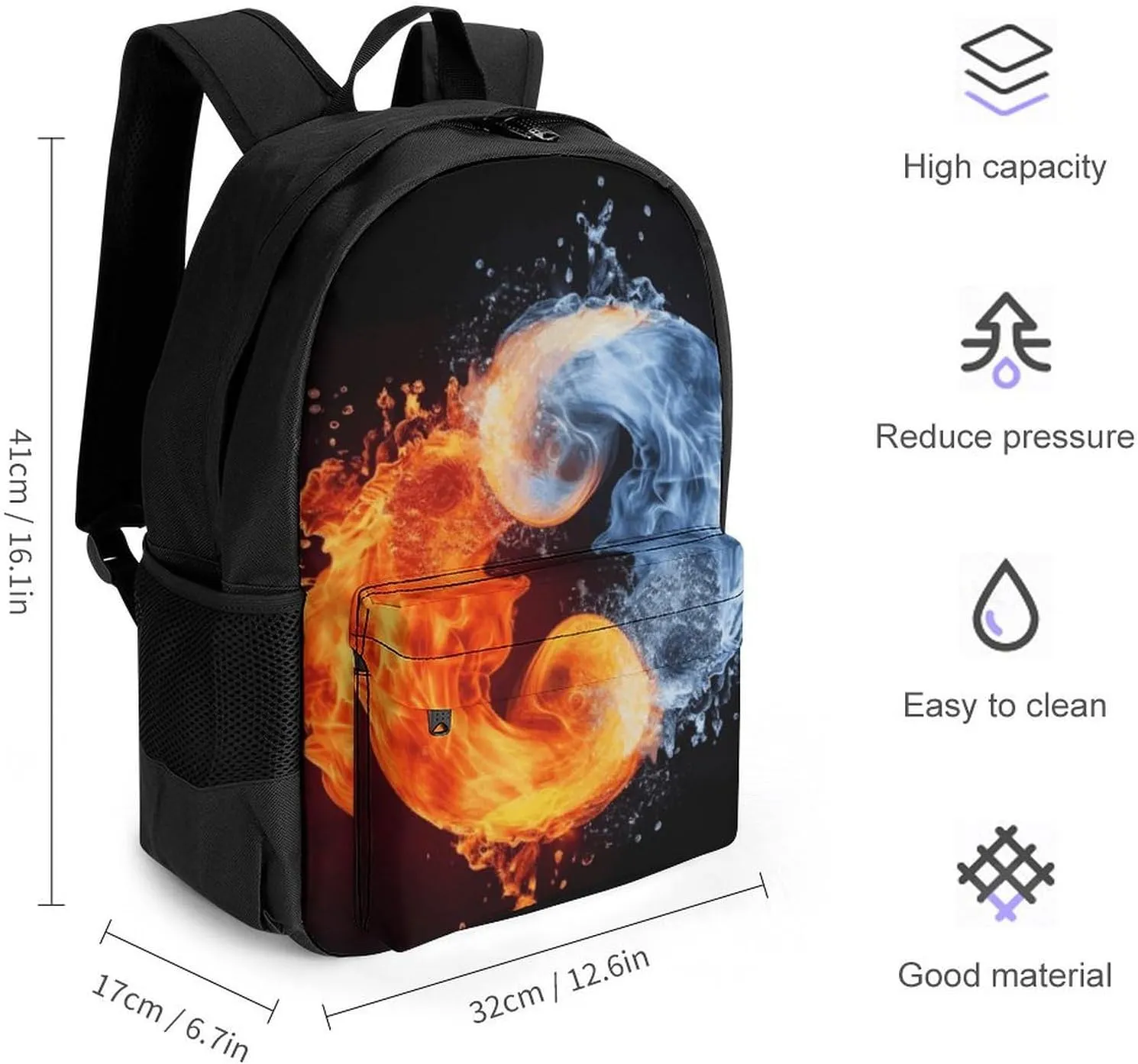 Backpack for Men Women Laptop Backpack Yin Yang Fire Water Casual Daypack Laptop Bag for Travel, 42x30.5cm