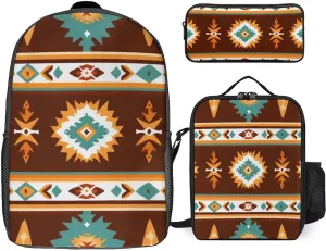 Backpack for Unisex with Lunch Box Daypack with Lunch Bag Makeup Bag Tribal Navajo Indiana Western Southwest Ethnic (3) Bookbag