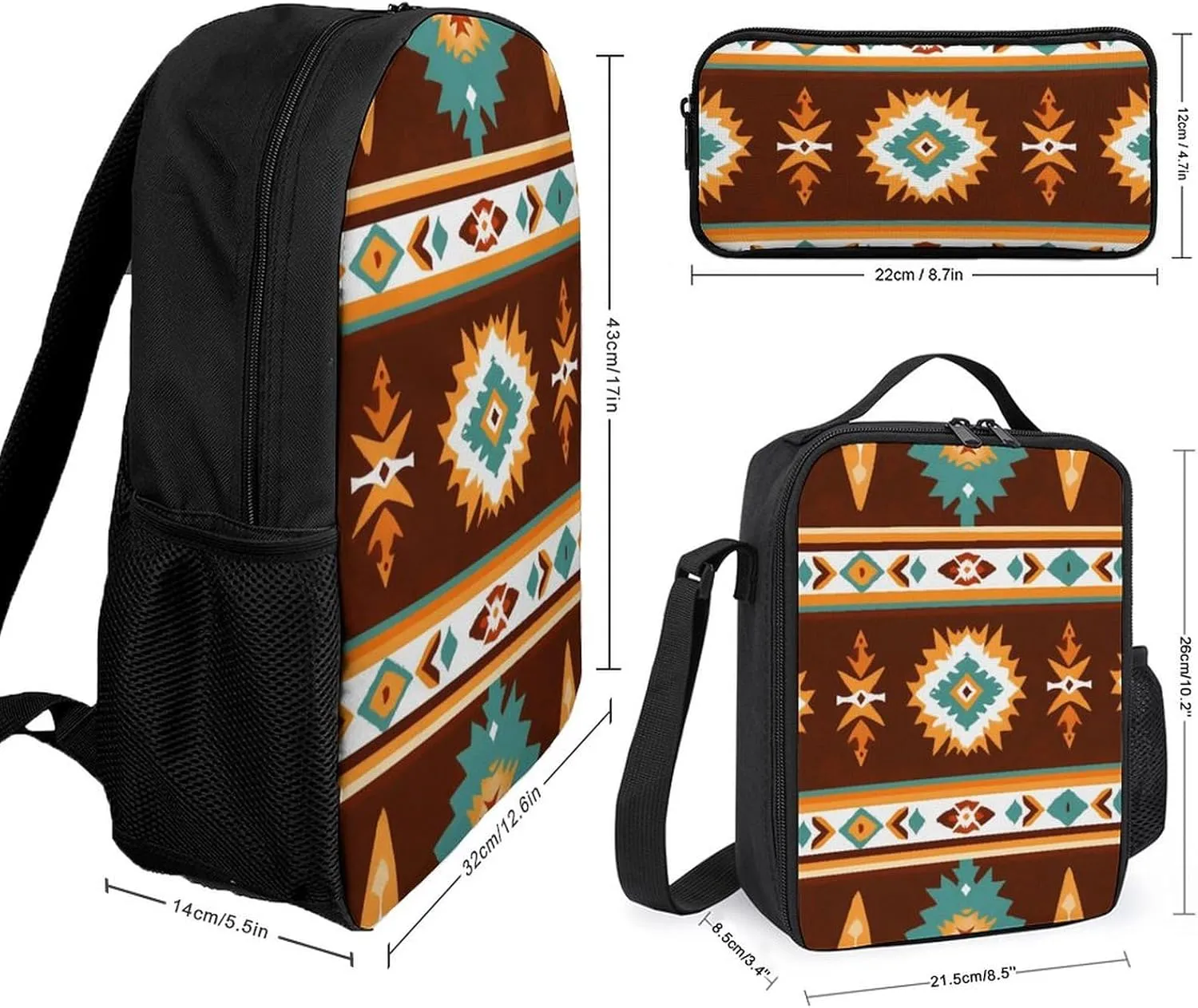 Backpack for Unisex with Lunch Box Daypack with Lunch Bag Makeup Bag Tribal Navajo Indiana Western Southwest Ethnic (3) Bookbag