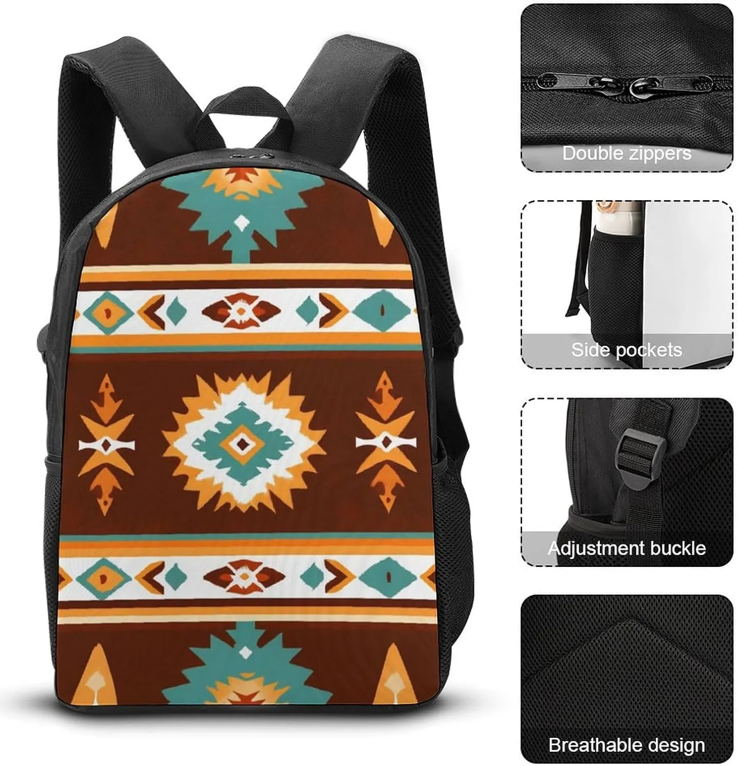 Backpack for Unisex with Lunch Box Daypack with Lunch Bag Makeup Bag Tribal Navajo Indiana Western Southwest Ethnic (3) Bookbag