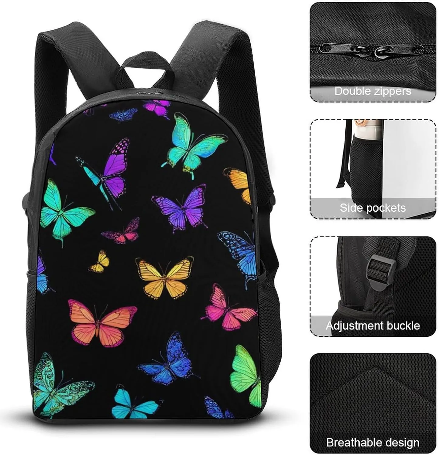 Backpack for Women Men Bookbag Travel Daypack Lunch Bag Cosmetic Bag (Black Colorful Monarch Butterfly (2))