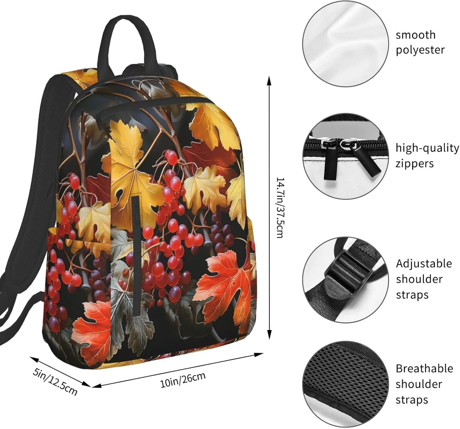 Backpack for Women Men Lightweight Casual Travel Daypack Symmetrical Arrangement Laptop Backpack Cute Work Bag, Maple Leaves and Fruits, One Size