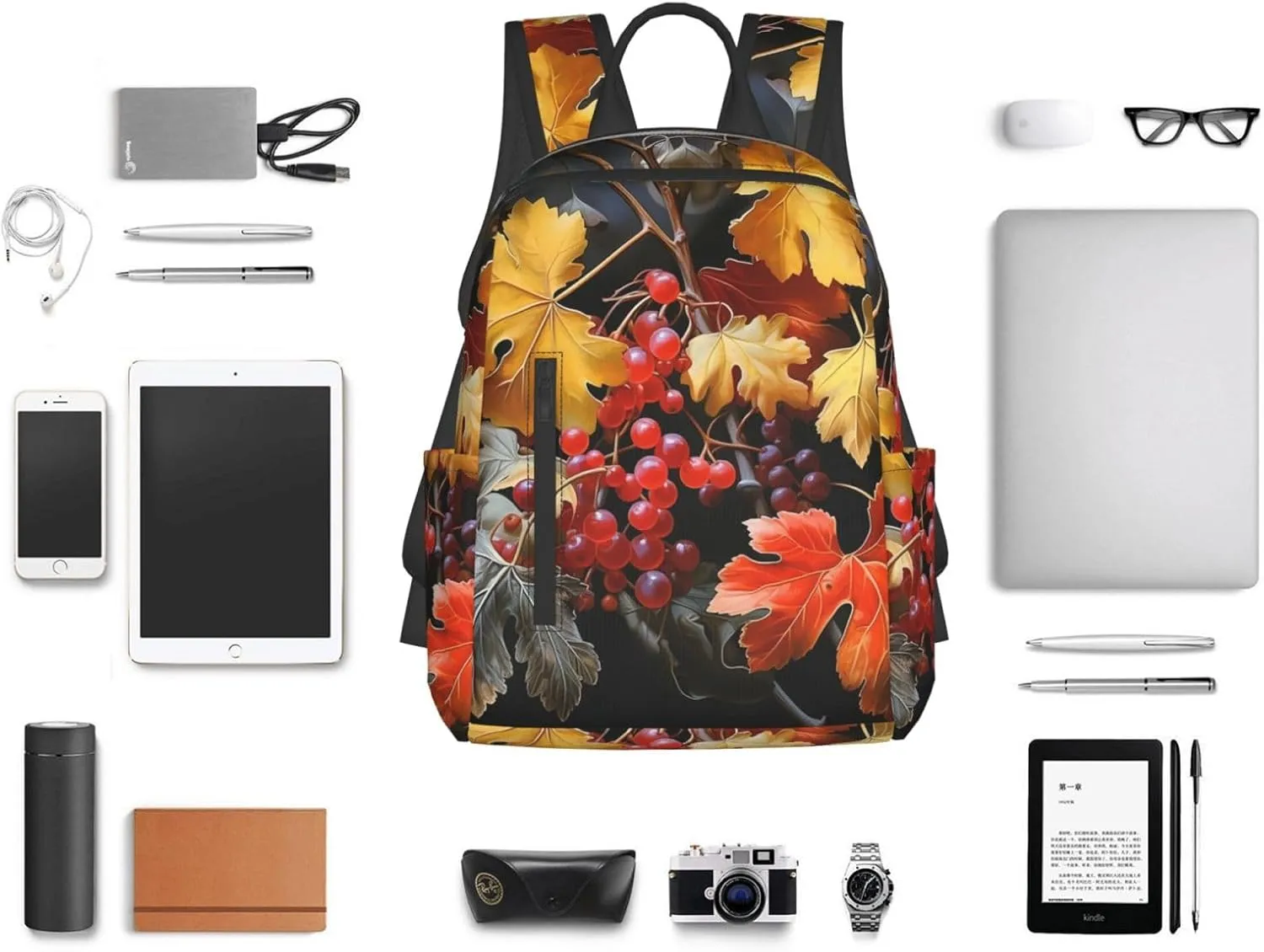 Backpack for Women Men Lightweight Casual Travel Daypack Symmetrical Arrangement Laptop Backpack Cute Work Bag, Maple Leaves and Fruits, One Size