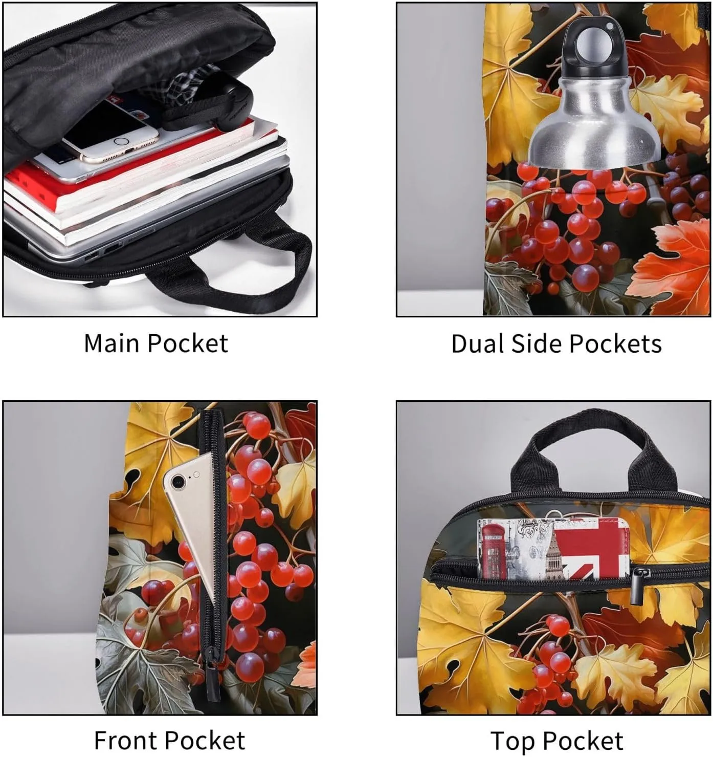Backpack for Women Men Lightweight Casual Travel Daypack Symmetrical Arrangement Laptop Backpack Cute Work Bag, Maple Leaves and Fruits, One Size