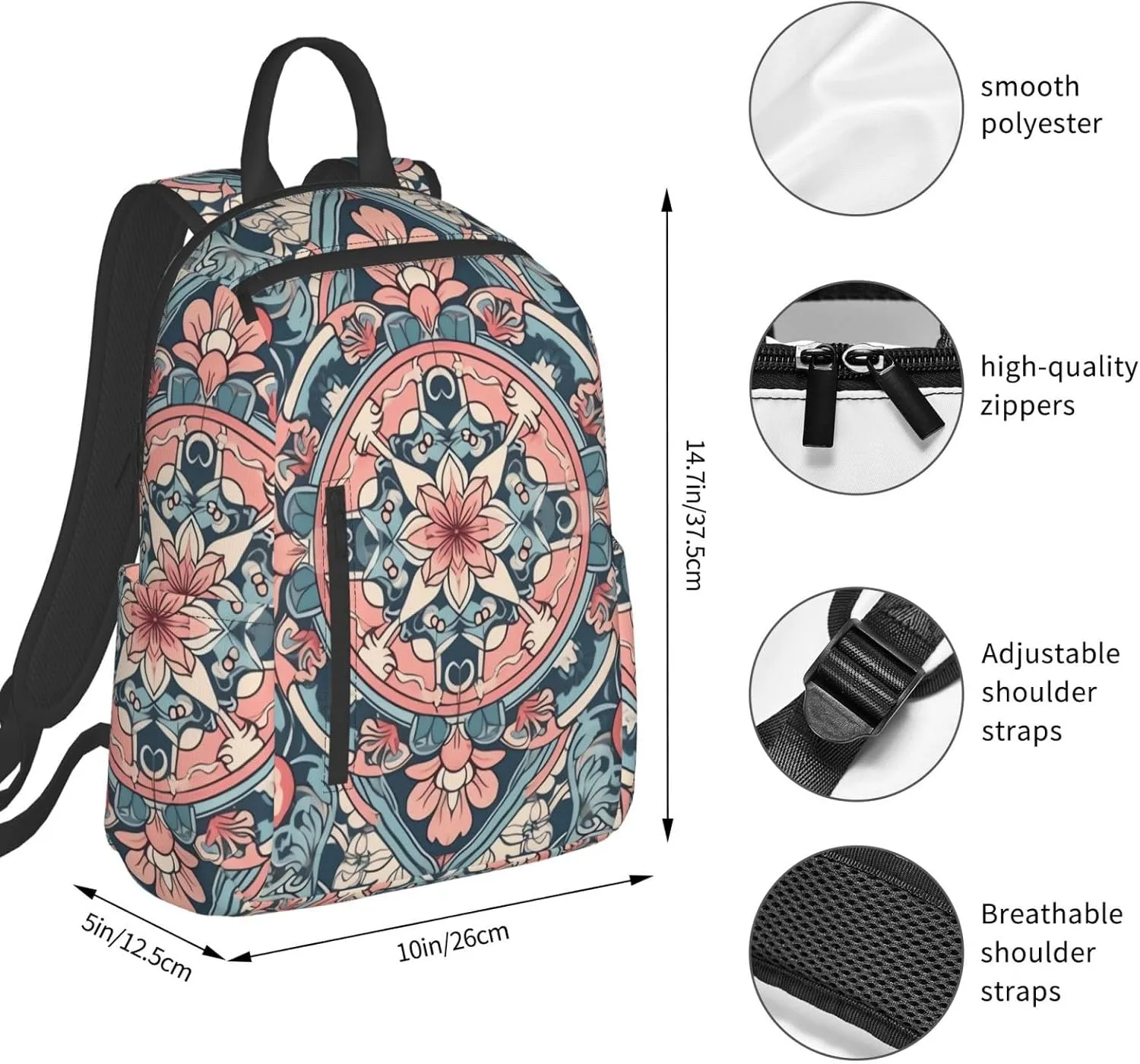 Backpack for Women Men Lightweight Casual Travel Daypack Symmetrical Arrangement Laptop Backpack Cute Work Bag, Pink Floral Pattern, One Size