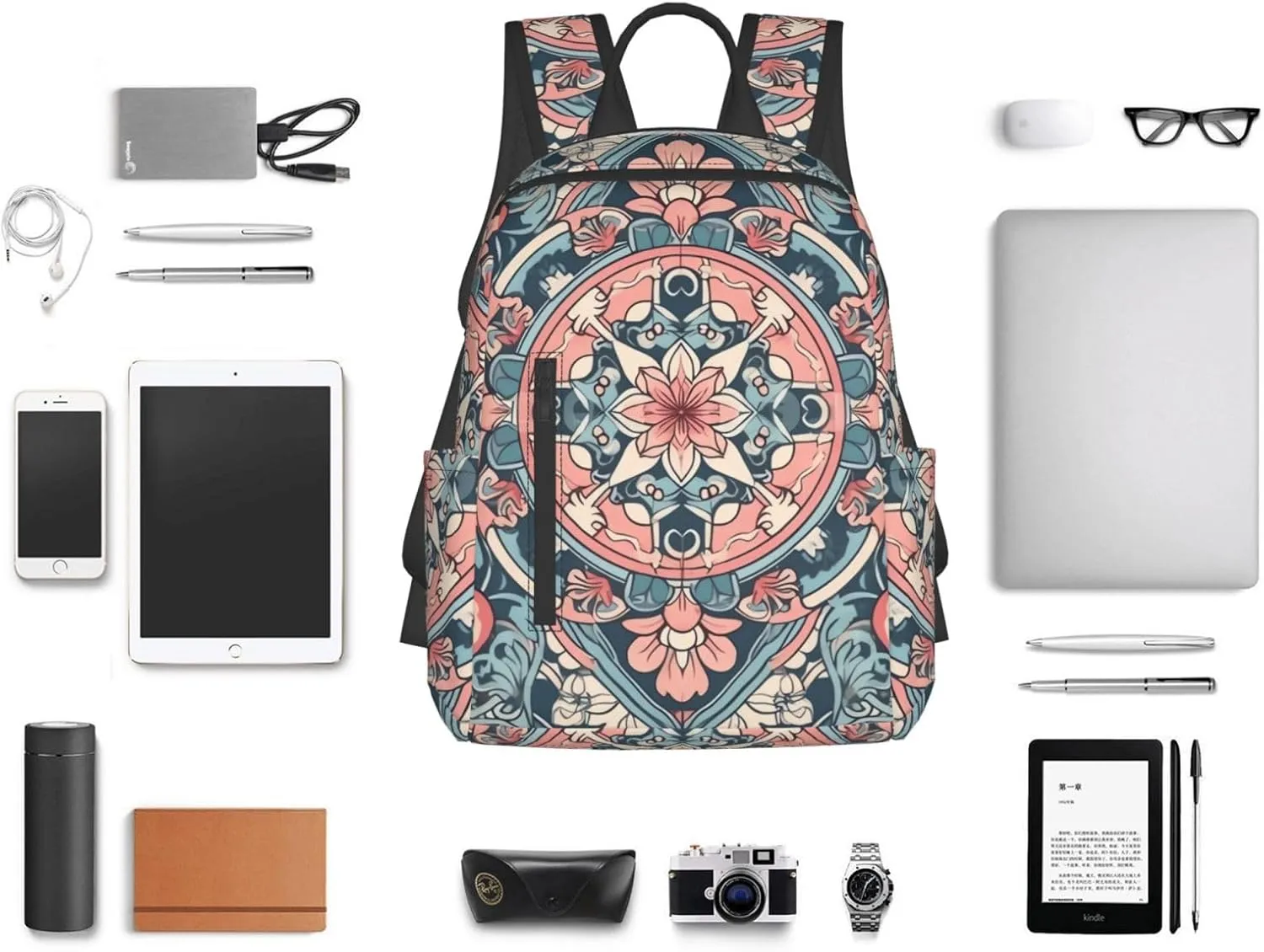 Backpack for Women Men Lightweight Casual Travel Daypack Symmetrical Arrangement Laptop Backpack Cute Work Bag, Pink Floral Pattern, One Size