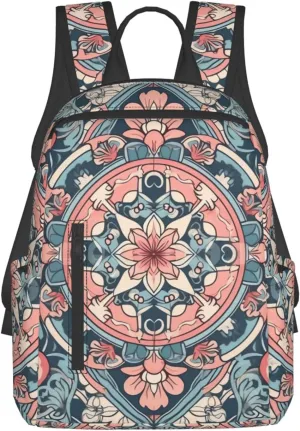 Backpack for Women Men Lightweight Casual Travel Daypack Symmetrical Arrangement Laptop Backpack Cute Work Bag, Pink Floral Pattern, One Size