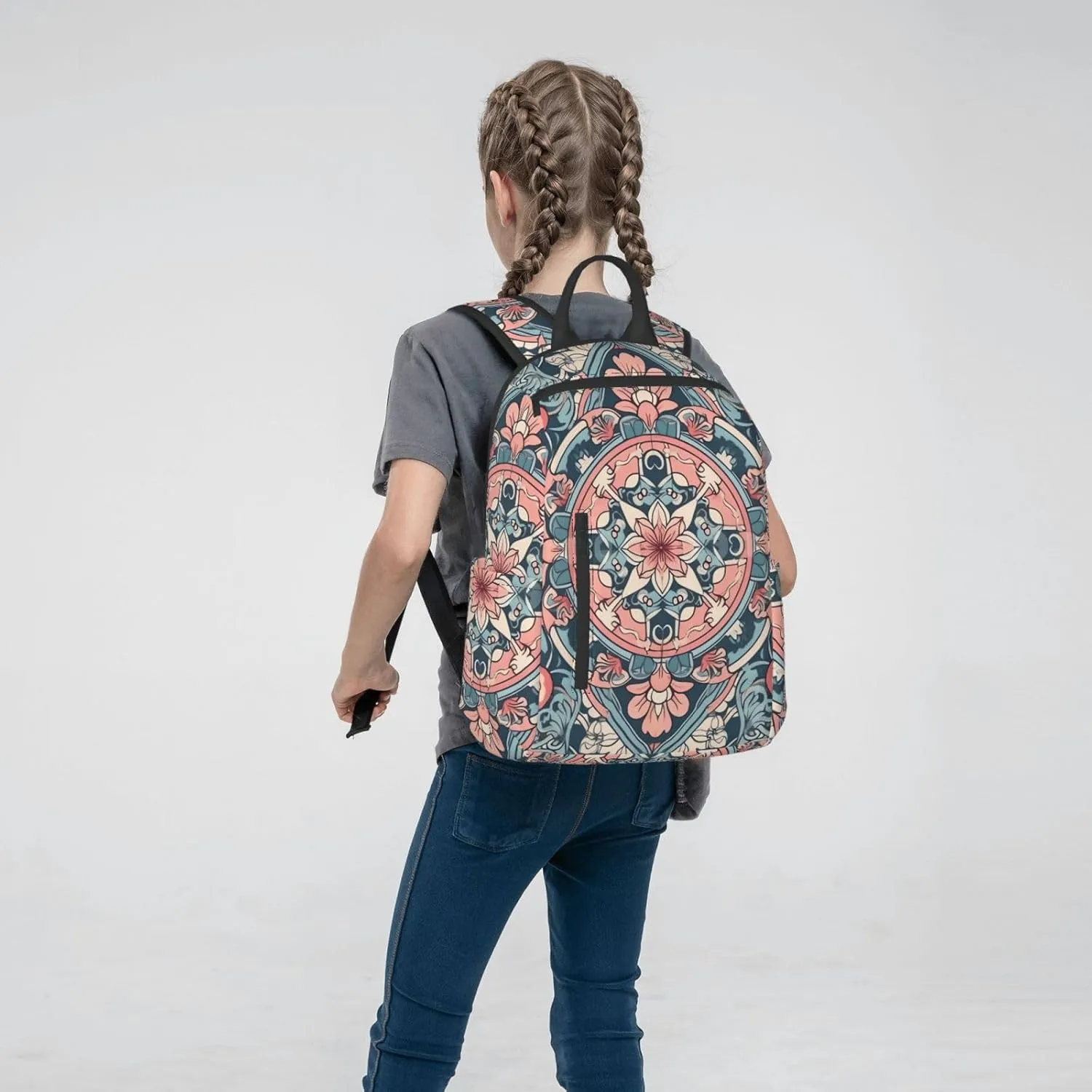 Backpack for Women Men Lightweight Casual Travel Daypack Symmetrical Arrangement Laptop Backpack Cute Work Bag, Pink Floral Pattern, One Size