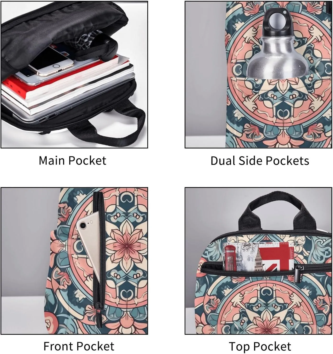 Backpack for Women Men Lightweight Casual Travel Daypack Symmetrical Arrangement Laptop Backpack Cute Work Bag, Pink Floral Pattern, One Size