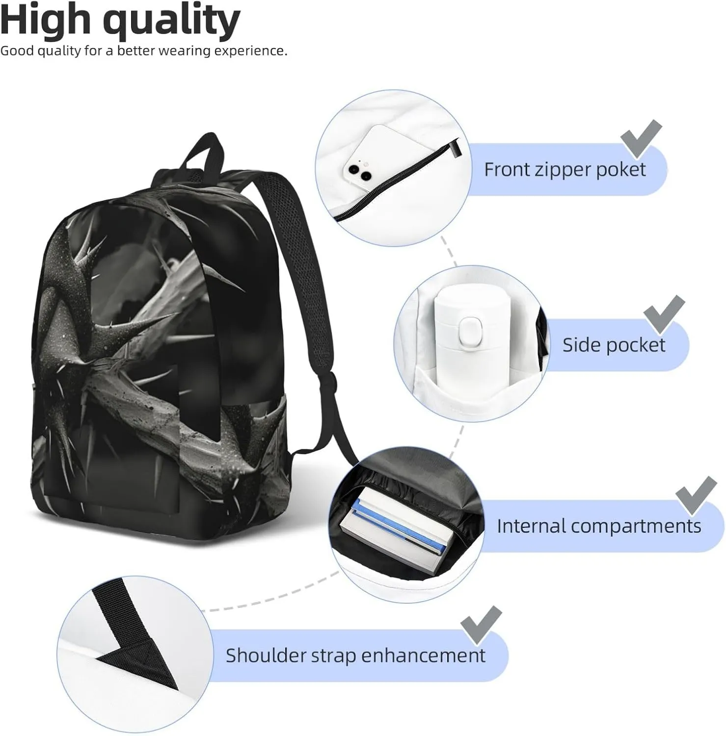 Backpack for Women Men Lightweight Casual Travel Daypack Triangle and thorns Laptop Backpack Cute Work Bag, Black, M