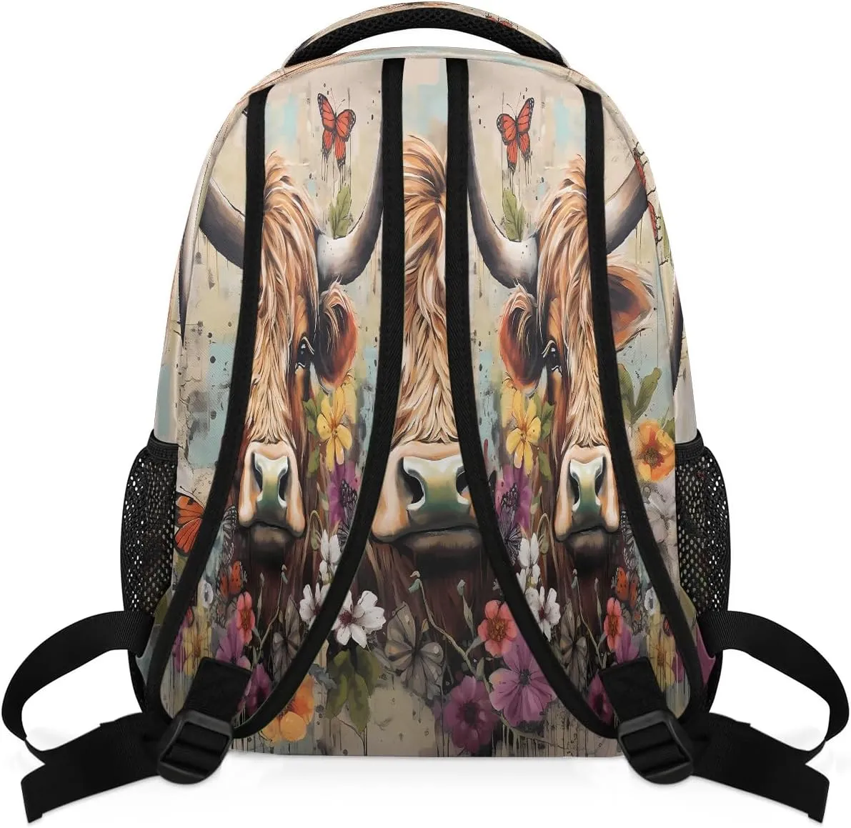 Backpack for Women Men Waterproof Backpack with Laptop Compartment, Lightweight Carry On Backpack for Travel, Work, Picnic, Art Painting Cow Flower Print
