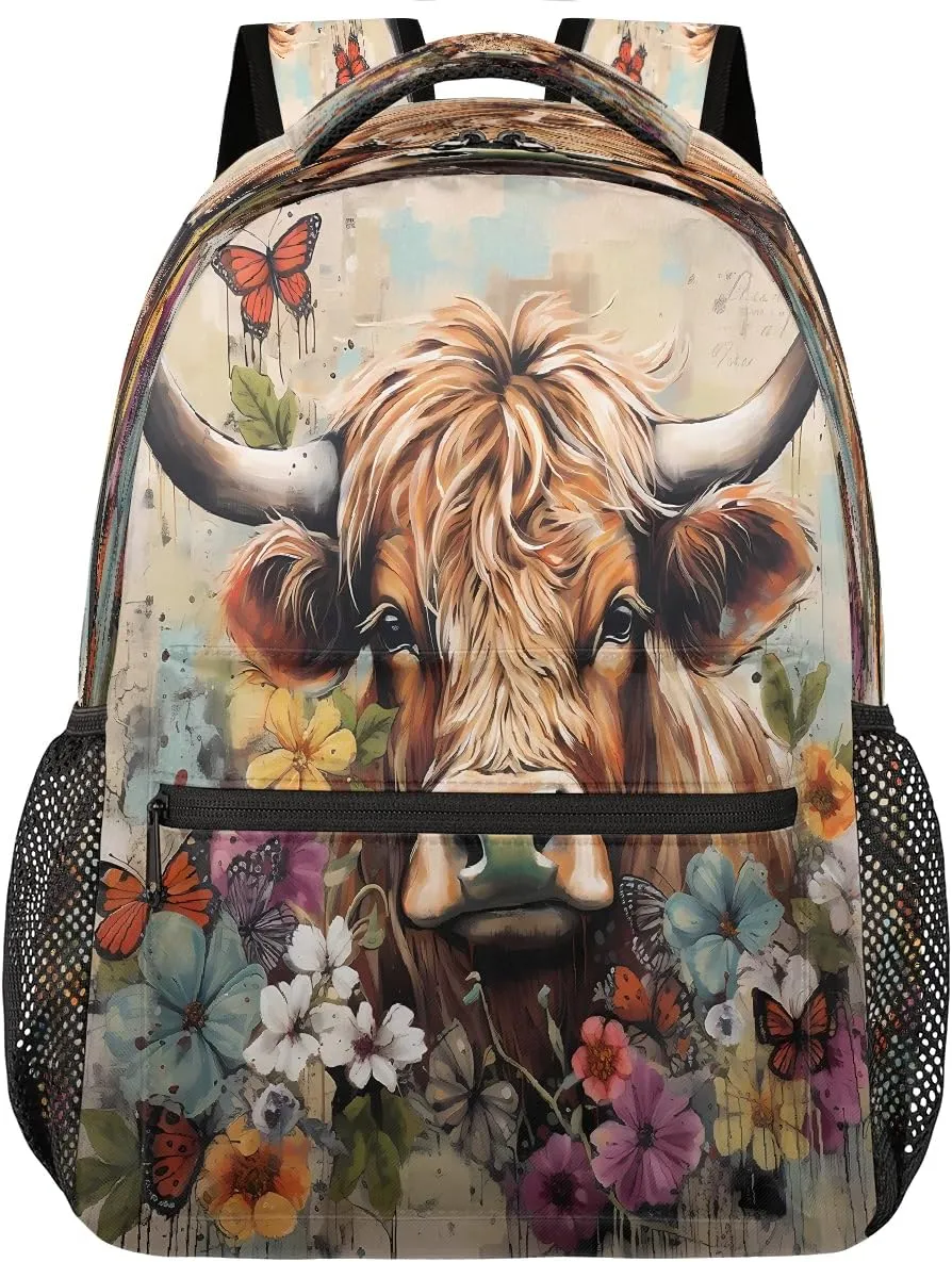 Backpack for Women Men Waterproof Backpack with Laptop Compartment, Lightweight Carry On Backpack for Travel, Work, Picnic, Art Painting Cow Flower Print