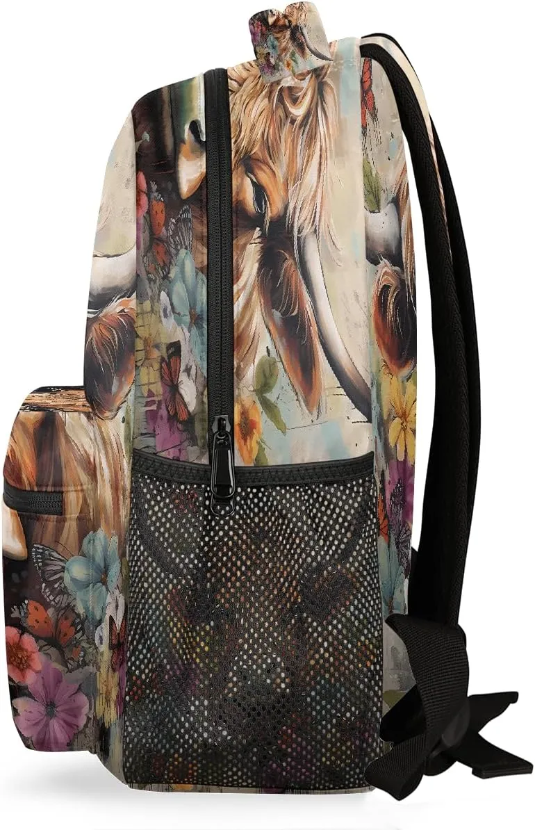 Backpack for Women Men Waterproof Backpack with Laptop Compartment, Lightweight Carry On Backpack for Travel, Work, Picnic, Art Painting Cow Flower Print