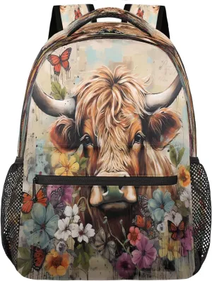 Backpack for Women Men Waterproof Backpack with Laptop Compartment, Lightweight Carry On Backpack for Travel, Work, Picnic, Art Painting Cow Flower Print