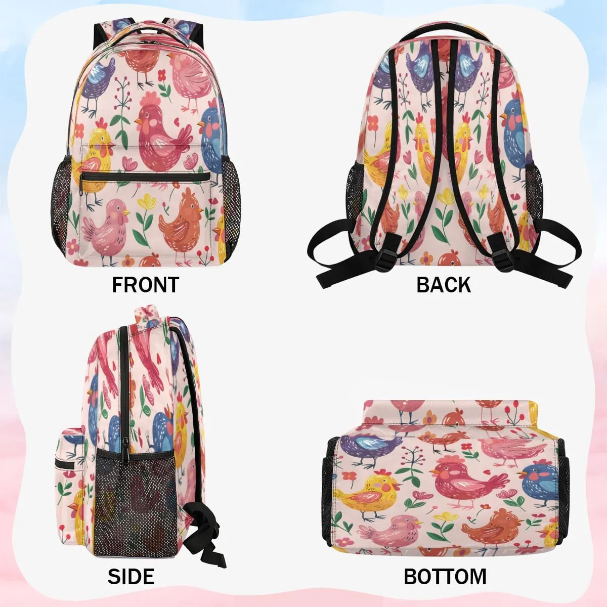 Backpack for Women Men, Waterproof Colorful Rooster Casual Back Pack, Lightweight Rustic Farmhouse Cock Chicken Daypack Bag for Travel Camping Work