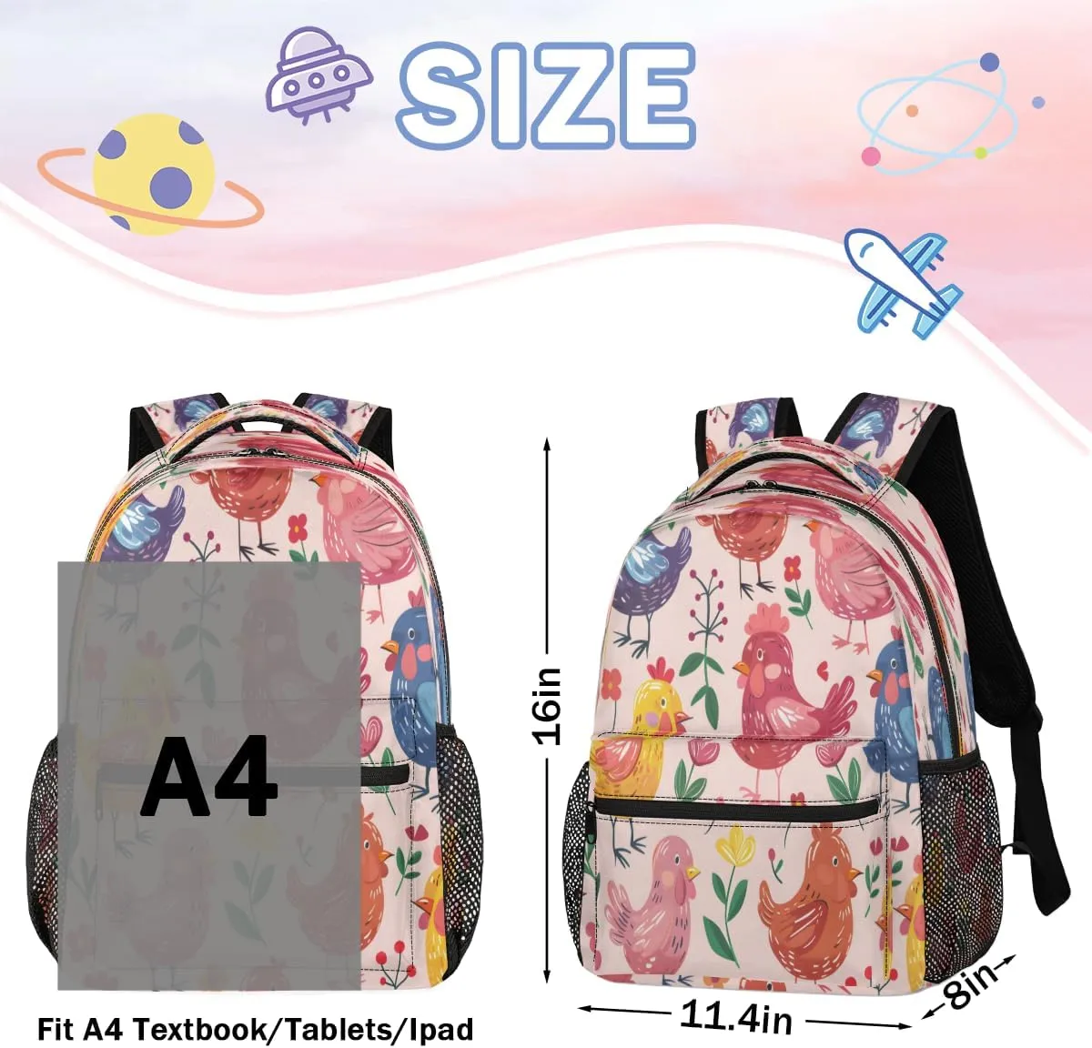 Backpack for Women Men, Waterproof Colorful Rooster Casual Back Pack, Lightweight Rustic Farmhouse Cock Chicken Daypack Bag for Travel Camping Work