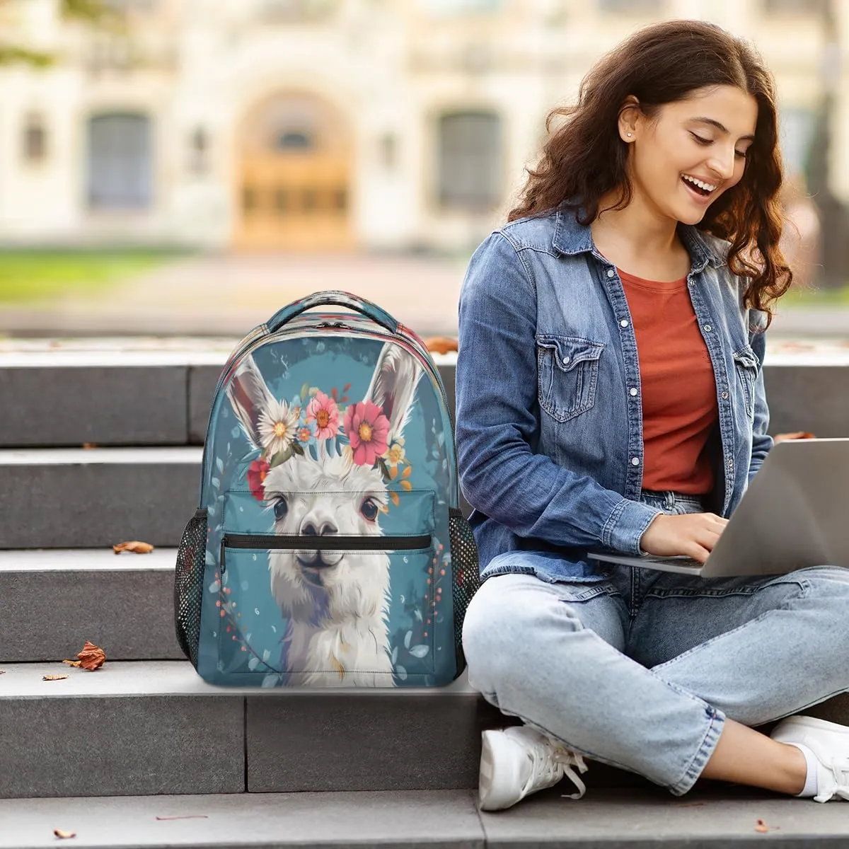Backpack for Women Men, Waterproof Funny Alpaca Casual Back Packs, Lightweight Llama Alpaca Flower Daypack Bags for Travel Camping Work