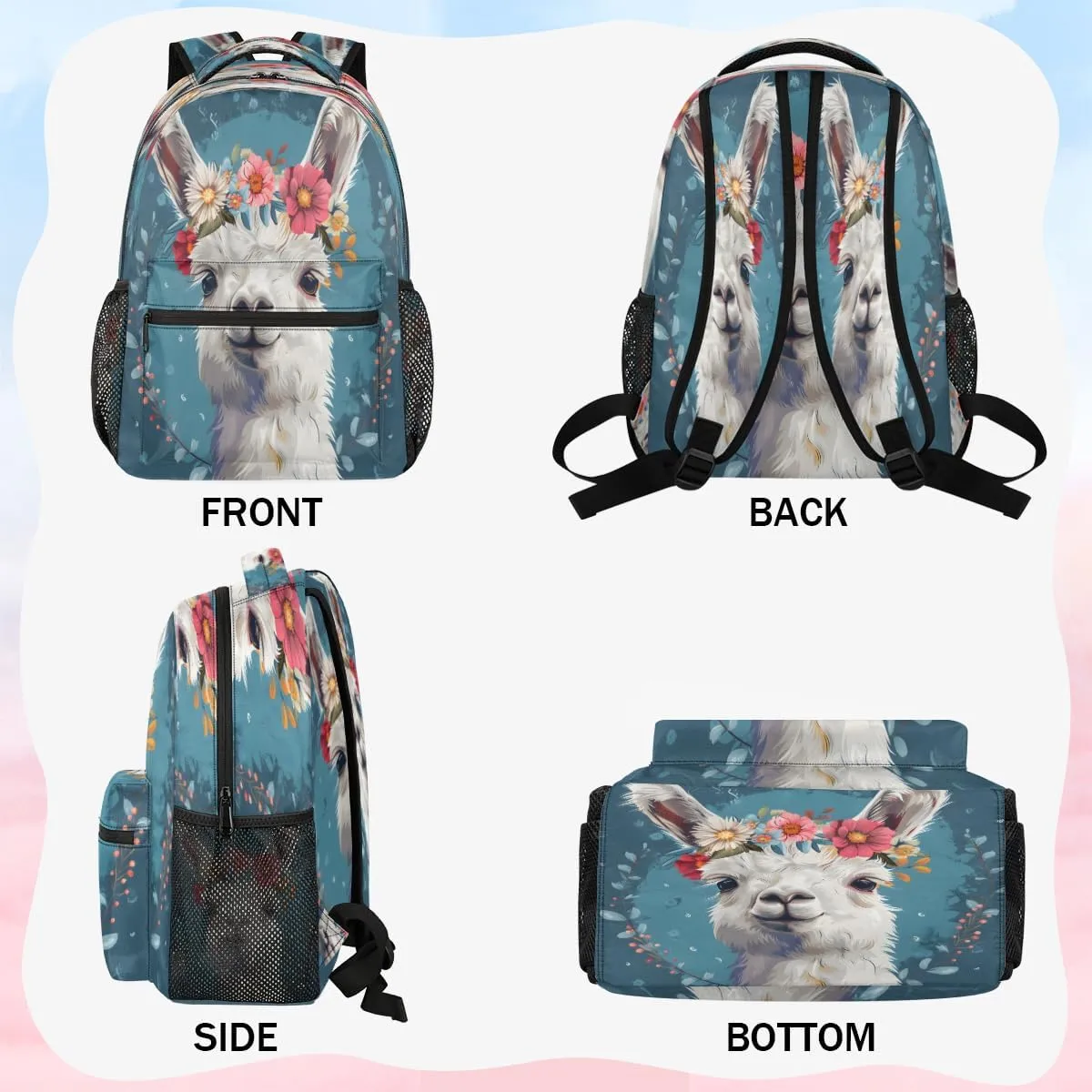 Backpack for Women Men, Waterproof Funny Alpaca Casual Back Packs, Lightweight Llama Alpaca Flower Daypack Bags for Travel Camping Work