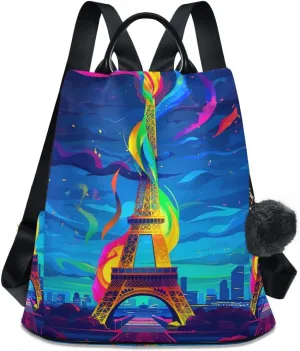 Backpack Purse for Women Eiffel Tower Blue Sky Anti Theft Travel Bag Fashion Pompom Backpack for Hiking