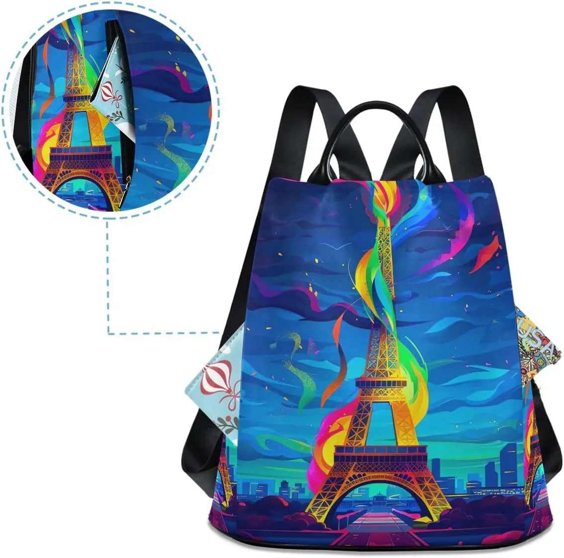 Backpack Purse for Women Eiffel Tower Blue Sky Anti Theft Travel Bag Fashion Pompom Backpack for Hiking