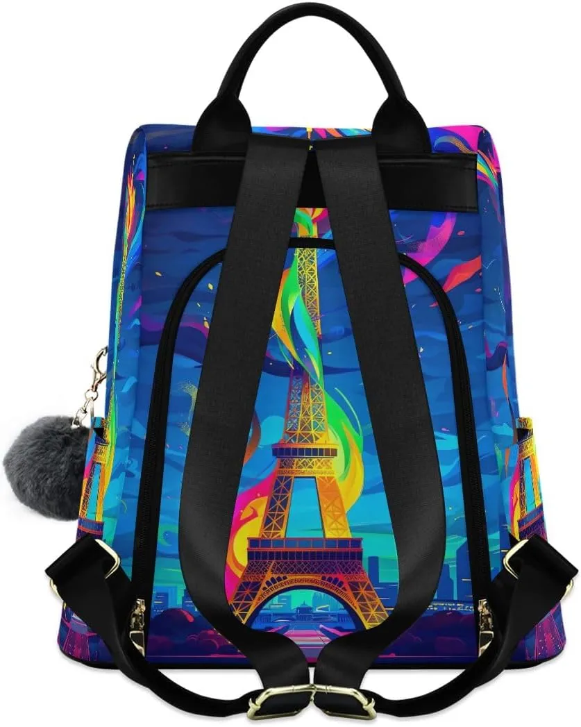 Backpack Purse for Women Eiffel Tower Blue Sky Anti Theft Travel Bag Fashion Pompom Backpack for Hiking