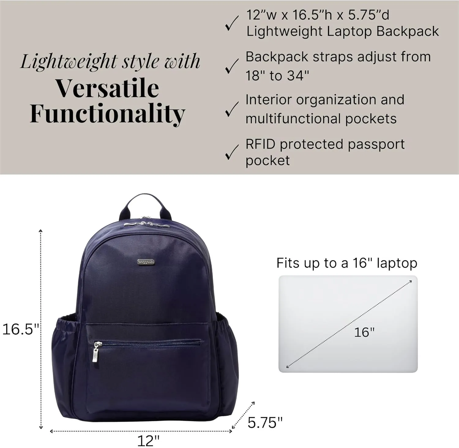 Baggallini Essential Laptop Backpack - 16x12 Inch Travel Backpack with 16" Laptop Sleeve - Lightweight Luggage Backpack