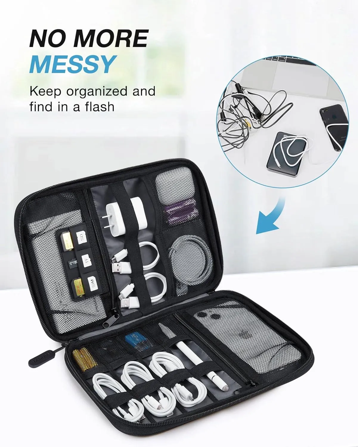 BAGSMART Electronics Travel Organizer Case, Tech Accessories Cord Storage Bag for Phone, Power Bank, SD Card, Cables, Black