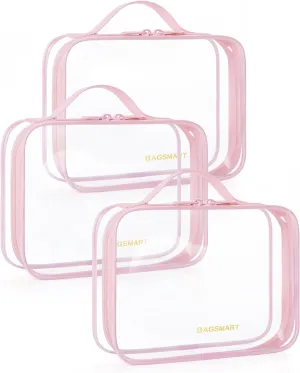 BAGSMART TSA Approved Clear Toiletry Bag, 3 Packs Quart Size Water Resistant Makeup Cosmetic Bags for Women, Airport Airline Travel Essential Carry On Organizer with Handle Large Opening, Pink
