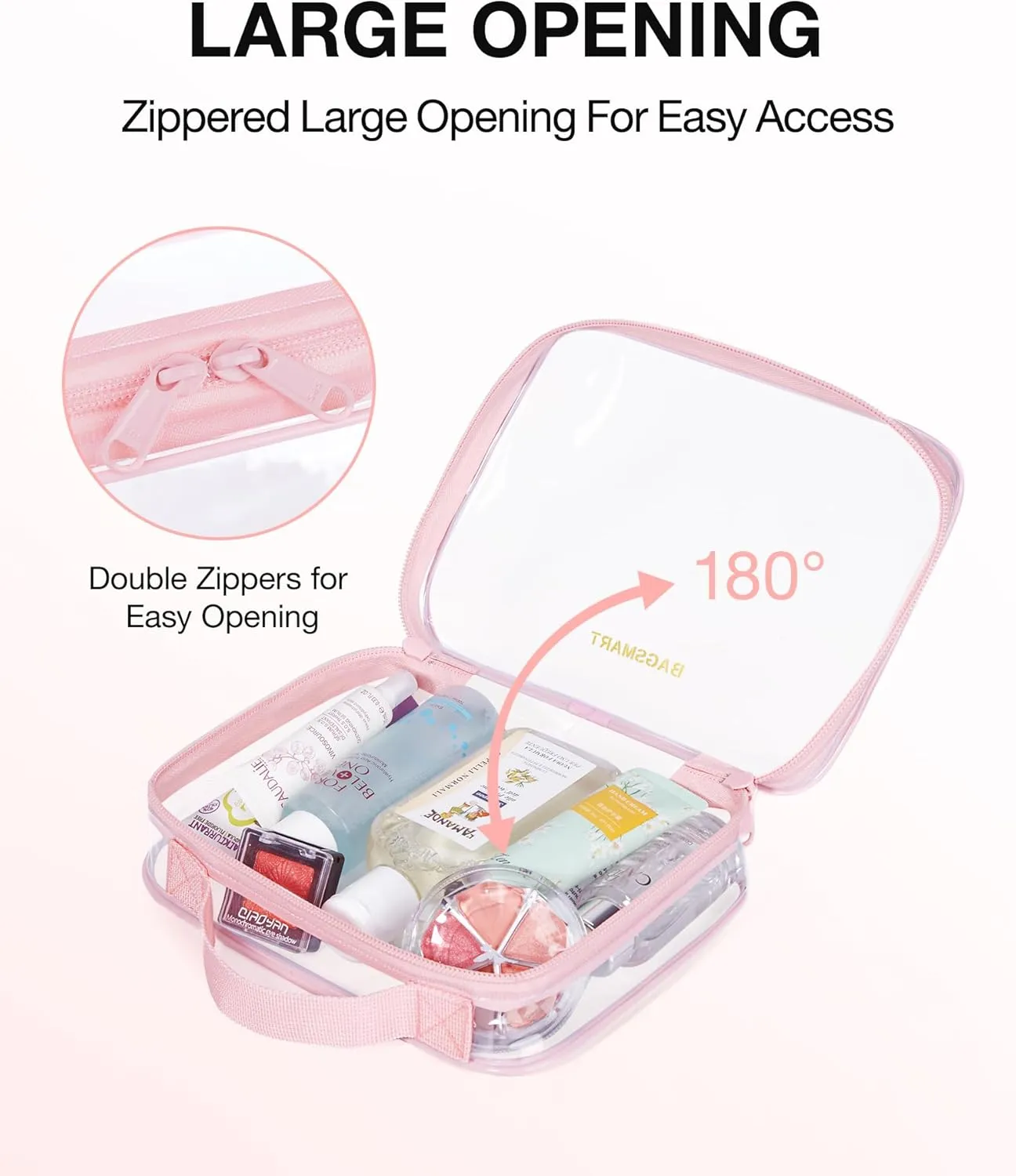 BAGSMART TSA Approved Clear Toiletry Bag, 3 Packs Quart Size Water Resistant Makeup Cosmetic Bags for Women, Airport Airline Travel Essential Carry On Organizer with Handle Large Opening, Pink