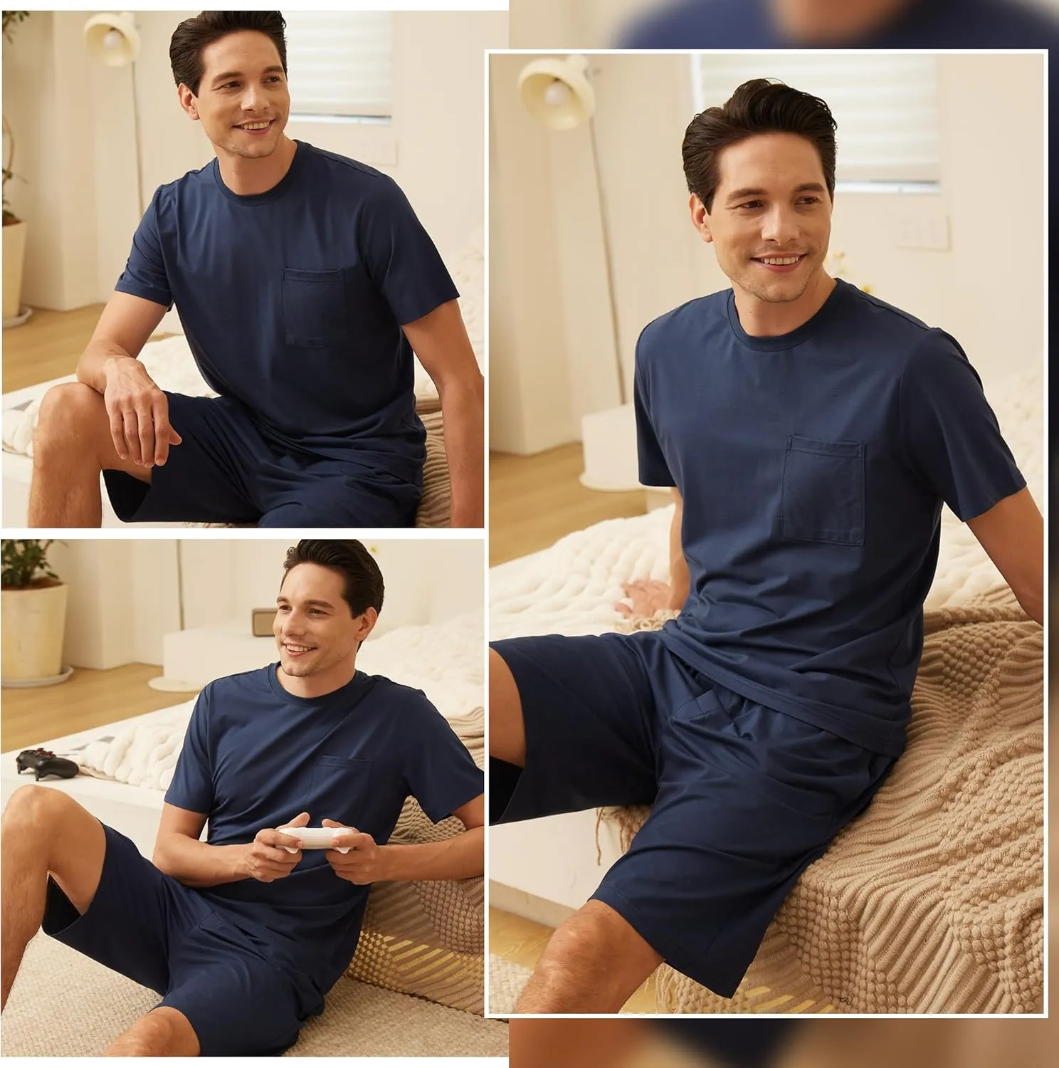 BAMBOO COOL Mens Pajama Set Summer Pjs Sleepwear Short Sleeve Shirts Soft Lightweight Sleep Sets with Pockets S-2XL