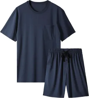 BAMBOO COOL Mens Pajama Set Summer Pjs Sleepwear Short Sleeve Shirts Soft Lightweight Sleep Sets with Pockets S-2XL