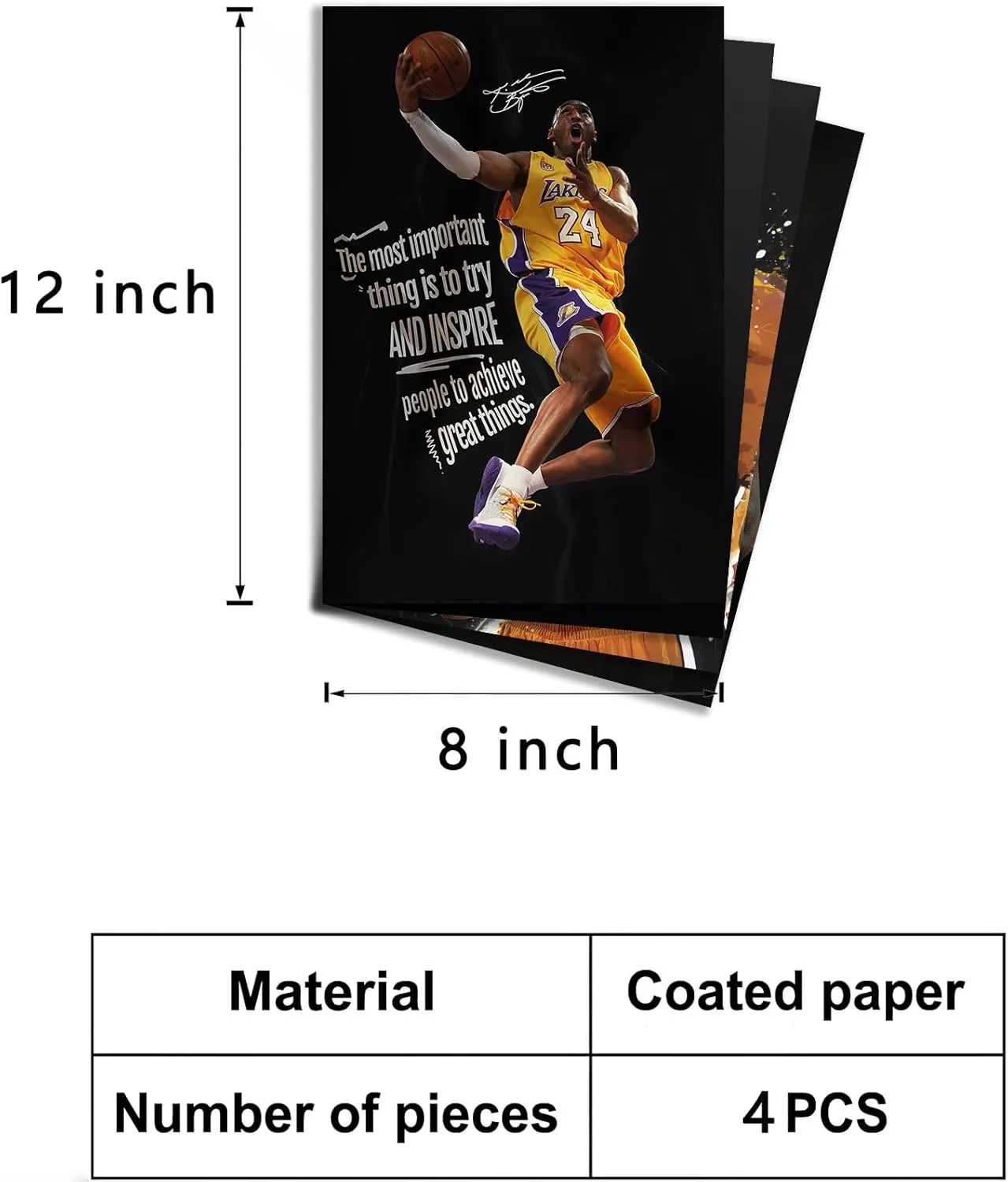 BAOGELI Kobe Poster Basketball Canvas Poster Wall Art Print Set of 4 Gifts for Boys Living Room Bedroom Decoration Unframed: 8x12inch