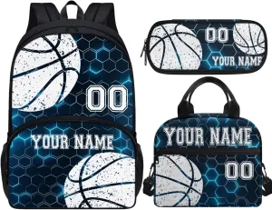 Basketball Blue Hexagonal Grid Plaid Customize Kids Laptop Backpack Lightweight 17" Hiking Backpack for School Travel Water-Resistant Book Bag Daypack Knapsack Lunch Bag Pencil Case 3 Pcs