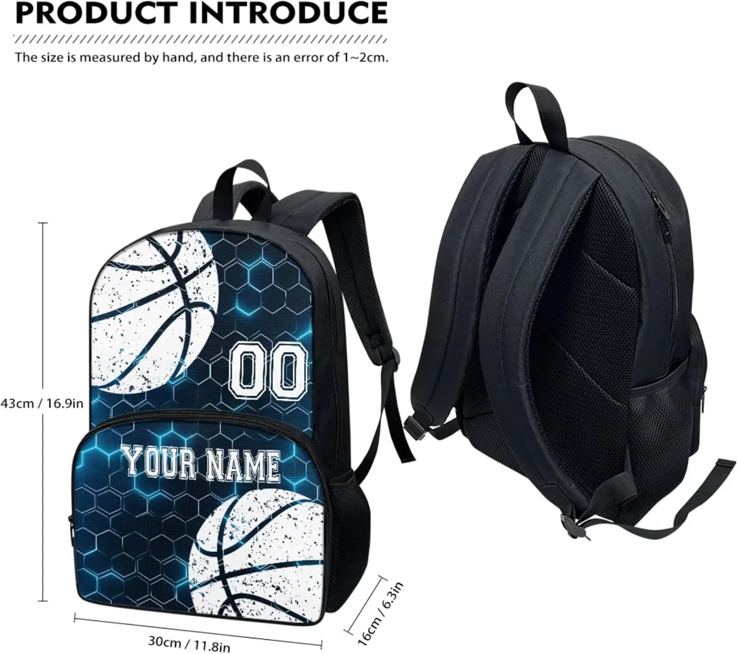 Basketball Blue Hexagonal Grid Plaid Customize Kids Laptop Backpack Lightweight 17" Hiking Backpack for School Travel Water-Resistant Book Bag Daypack Knapsack Lunch Bag Pencil Case 3 Pcs