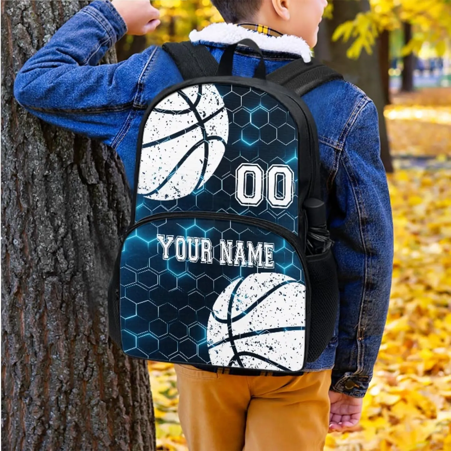 Basketball Blue Hexagonal Grid Plaid Customize Kids Laptop Backpack Lightweight 17" Hiking Backpack for School Travel Water-Resistant Book Bag Daypack Knapsack Lunch Bag Pencil Case 3 Pcs