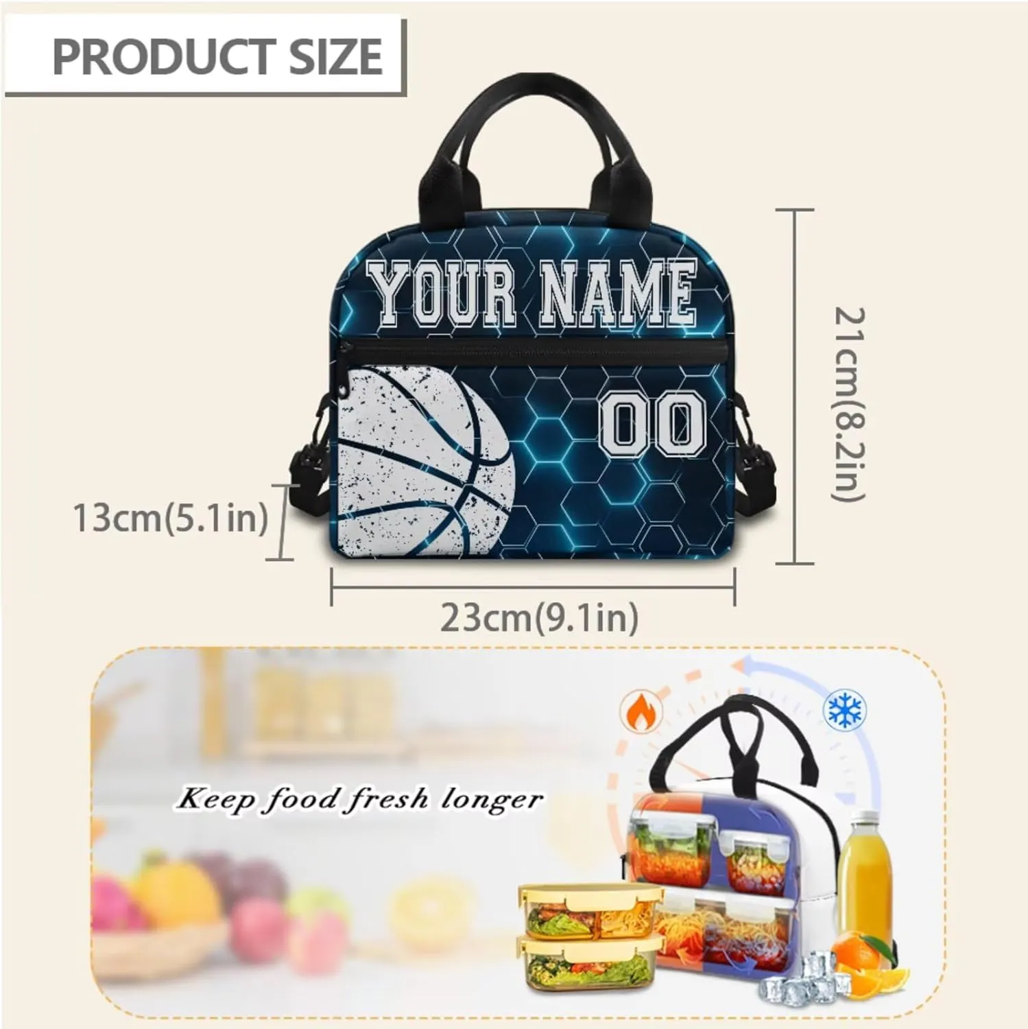 Basketball Blue Hexagonal Grid Plaid Customize Kids Laptop Backpack Lightweight 17" Hiking Backpack for School Travel Water-Resistant Book Bag Daypack Knapsack Lunch Bag Pencil Case 3 Pcs