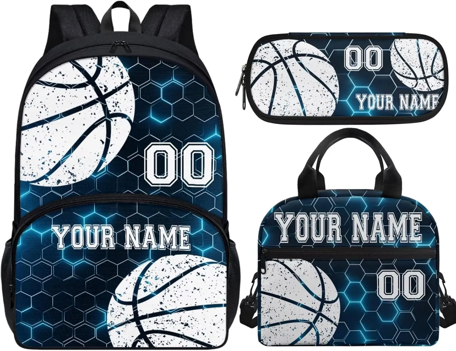 Basketball Blue Hexagonal Grid Plaid Customize Kids Laptop Backpack Lightweight 17" Hiking Backpack for School Travel Water-Resistant Book Bag Daypack Knapsack Lunch Bag Pencil Case 3 Pcs