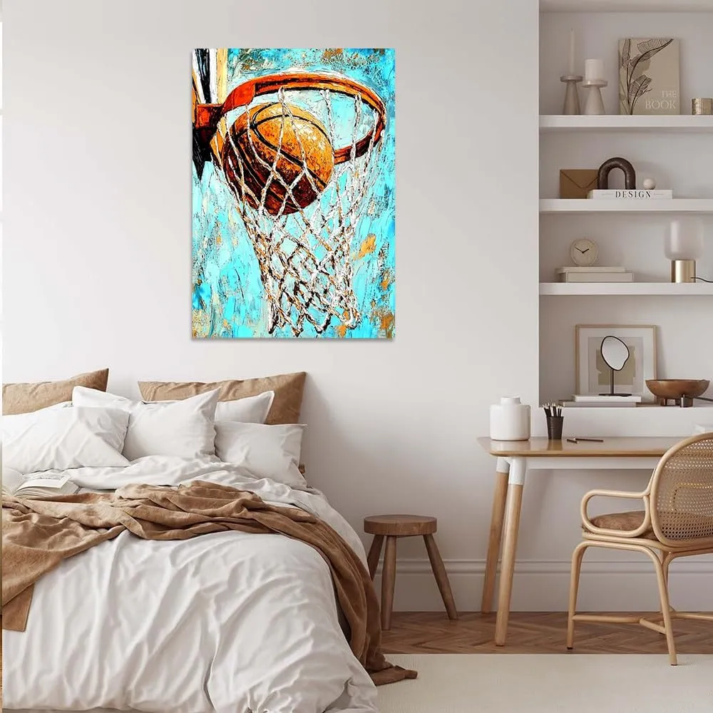 Basketball Swish_ Canvas Wall Art,Home Decor Picture,Prints,Posters. A vibrant,textured painting depicting a basketball sinking through the net. Perfect for sports fans and modern home décor-Frame-US made-08x12inch