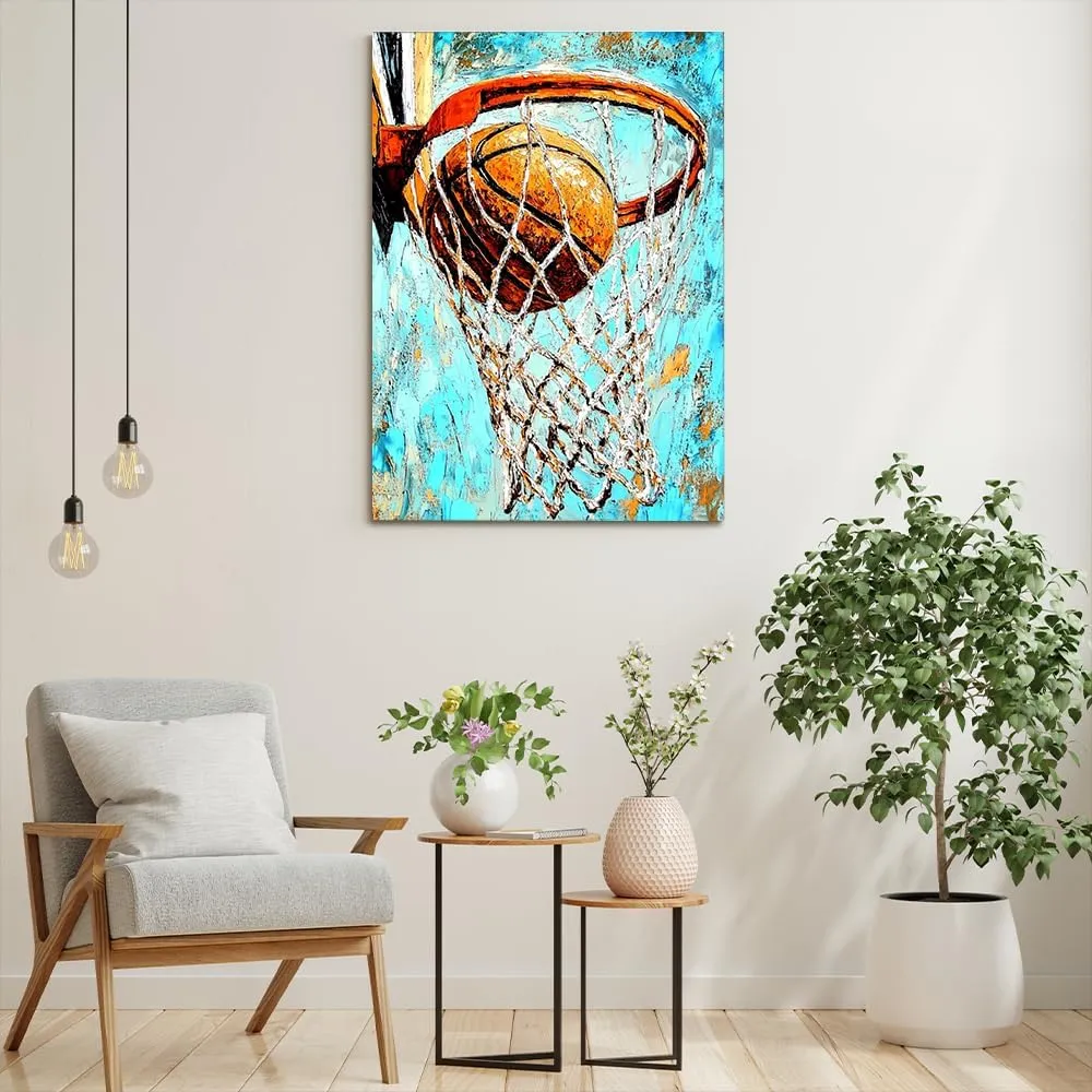 Basketball Swish_ Canvas Wall Art,Home Decor Picture,Prints,Posters. A vibrant,textured painting depicting a basketball sinking through the net. Perfect for sports fans and modern home décor-Frame-US made-08x12inch