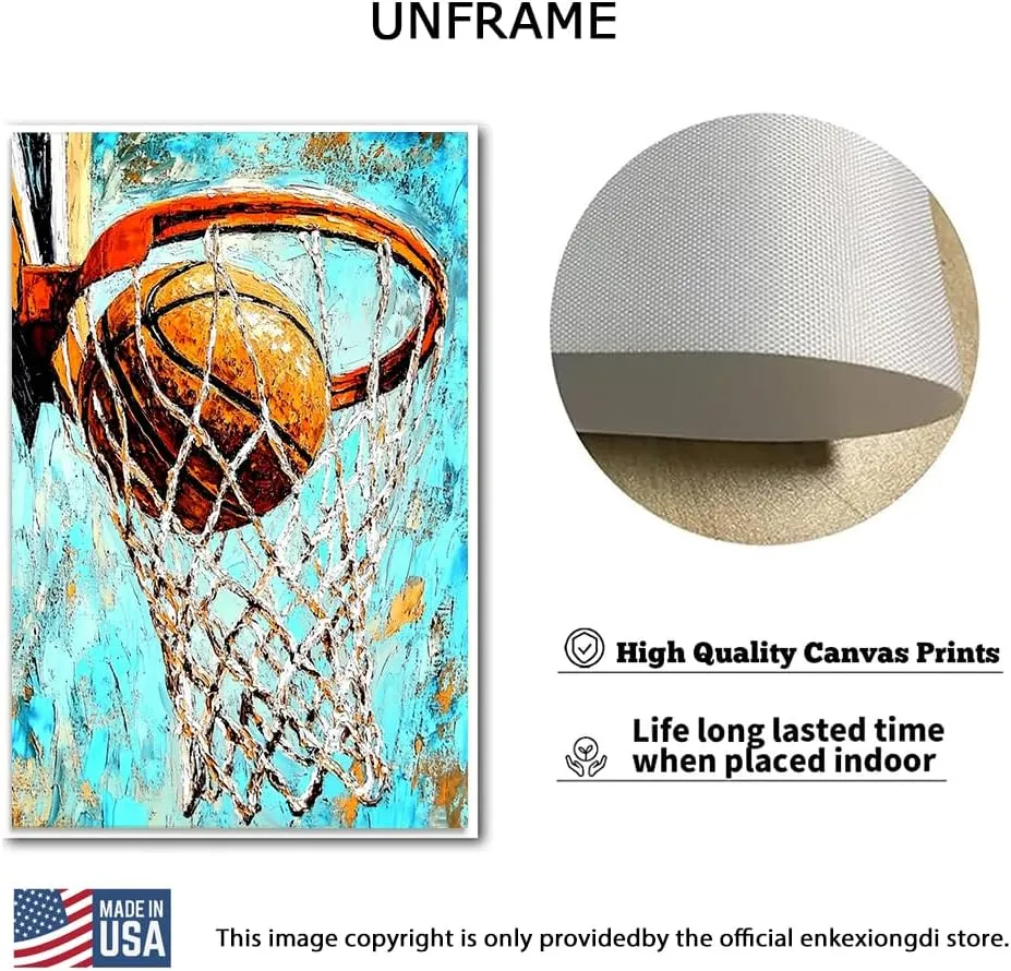 Basketball Swish_ Canvas Wall Art,Home Decor Picture,Prints,Posters. A vibrant,textured painting depicting a basketball sinking through the net. Perfect for sports fans and modern home décor-Frame-US made-08x12inch