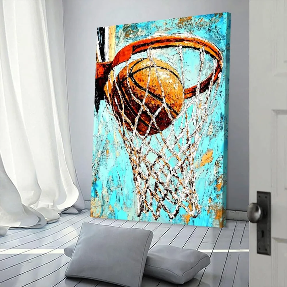 Basketball Swish_ Canvas Wall Art,Home Decor Picture,Prints,Posters. A vibrant,textured painting depicting a basketball sinking through the net. Perfect for sports fans and modern home décor-Frame-US made-08x12inch