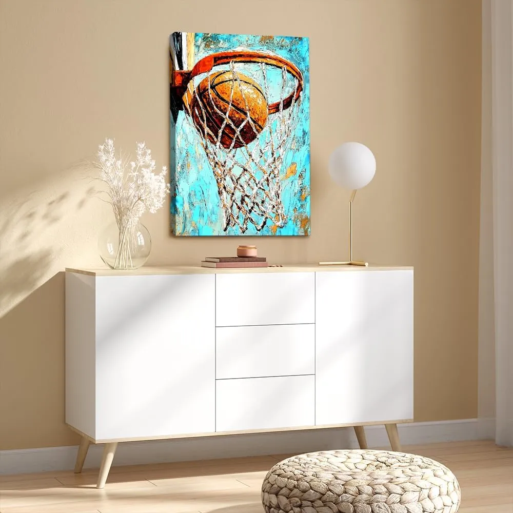 Basketball Swish_ Canvas Wall Art,Home Decor Picture,Prints,Posters. A vibrant,textured painting depicting a basketball sinking through the net. Perfect for sports fans and modern home décor-Frame-US made-08x12inch