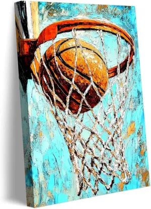 Basketball Swish_ Canvas Wall Art,Home Decor Picture,Prints,Posters. A vibrant,textured painting depicting a basketball sinking through the net. Perfect for sports fans and modern home décor-Frame-US made-08x12inch