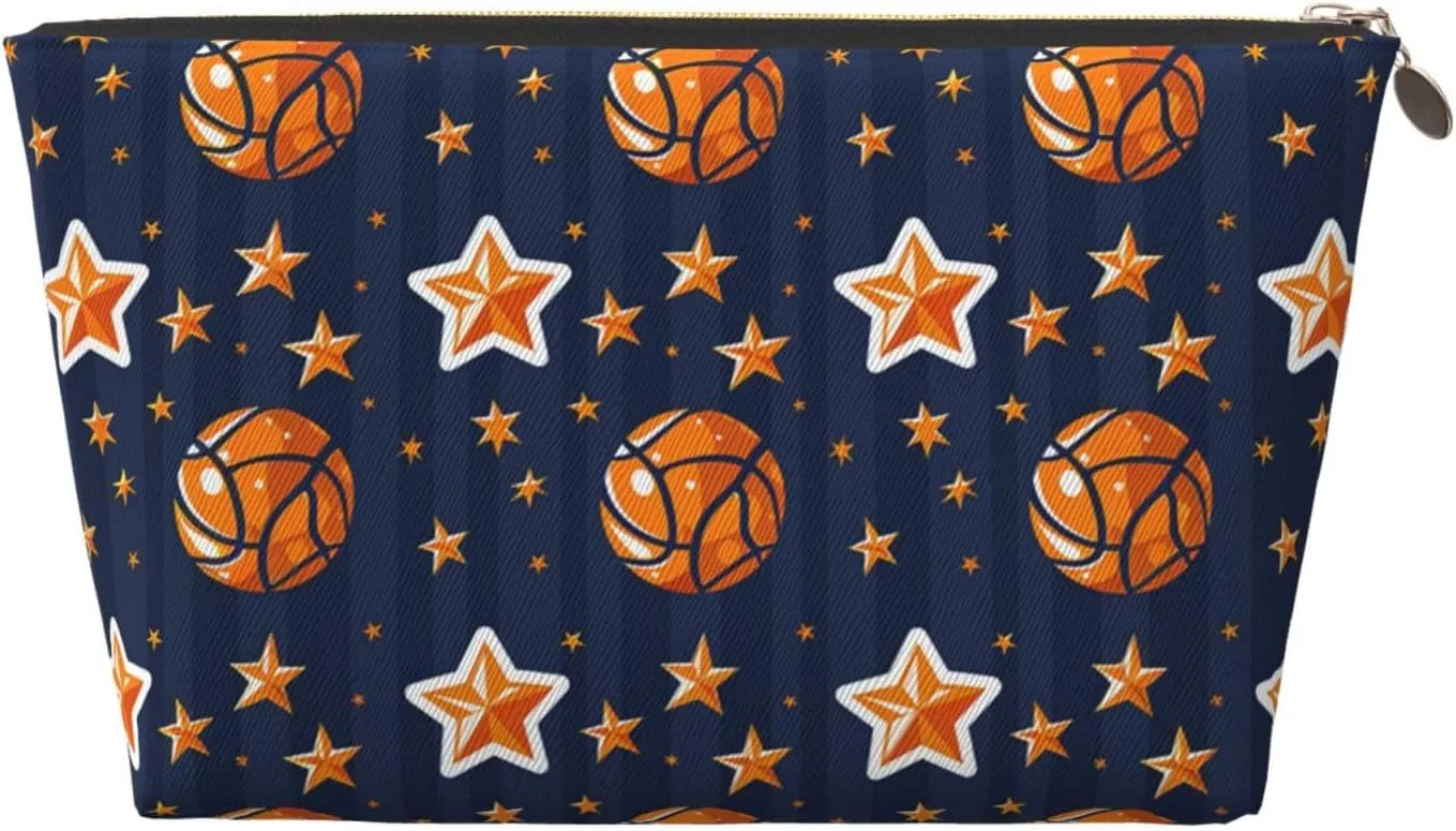 Basketballs and Stars Makeup Bag Waterproof Cosmetic Bag Organizer Small Make Up Zipper Pouch Portable Travel Toiletry Bag for Women Girls