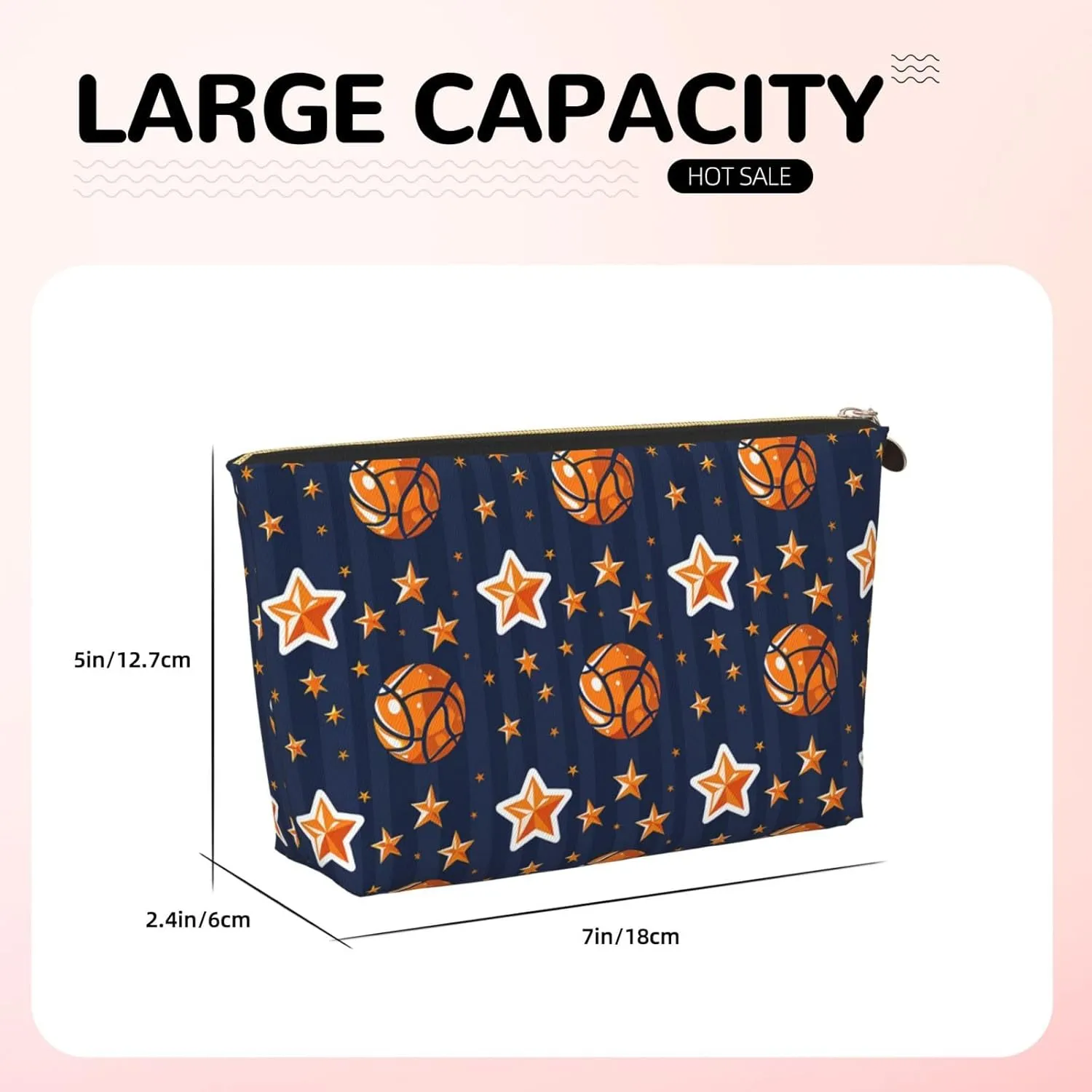 Basketballs and Stars Makeup Bag Waterproof Cosmetic Bag Organizer Small Make Up Zipper Pouch Portable Travel Toiletry Bag for Women Girls