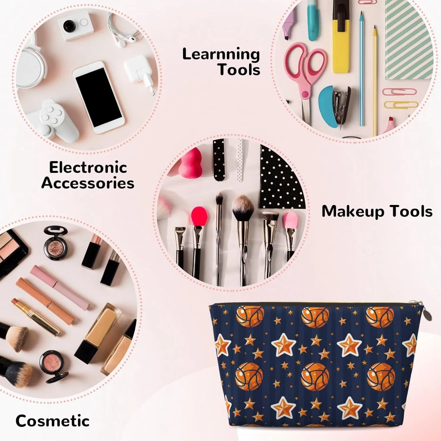 Basketballs and Stars Makeup Bag Waterproof Cosmetic Bag Organizer Small Make Up Zipper Pouch Portable Travel Toiletry Bag for Women Girls